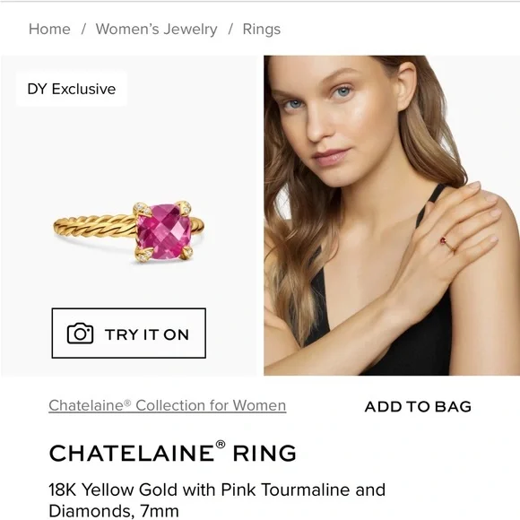 David Yurman Chatelaine Ring 18K Yellow Gold Pink Tourmaline Diamonds 7mm size 6 - Picture 8 of 8